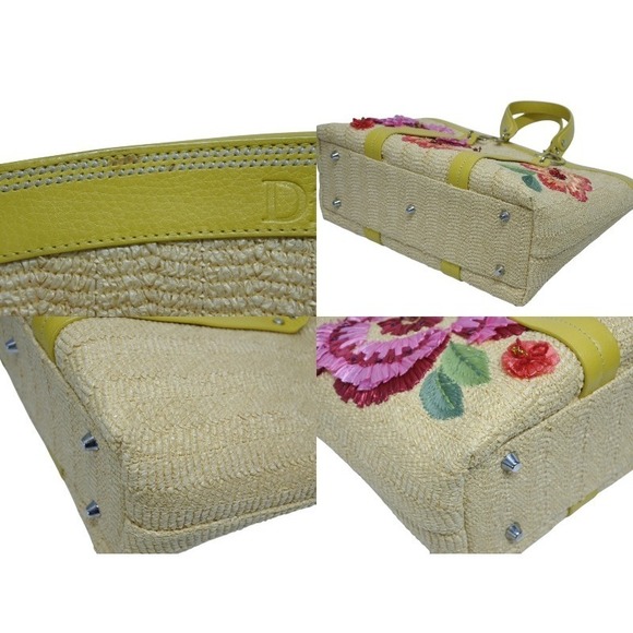 CHRISTIAN DIOR Flower Tote Bag Raffia Leather